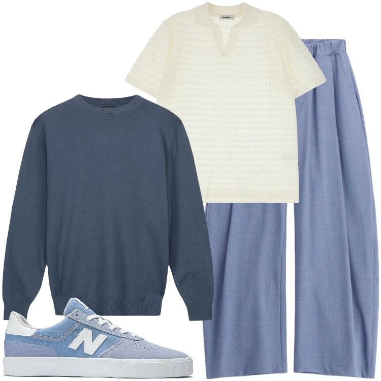 Outfit uomo - Comfort in città. Stile Urban per Tutti i giorni. Abbinamento con sneakers, pantaloni, polo, maglieria.