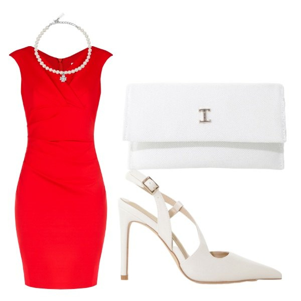 Outfit donna - abito rosso. Stile Glamour per Cerimonia. Abbinamento con braccialetti con ciondoli, vestiti a tubino, décolleté, borse a tracolla.