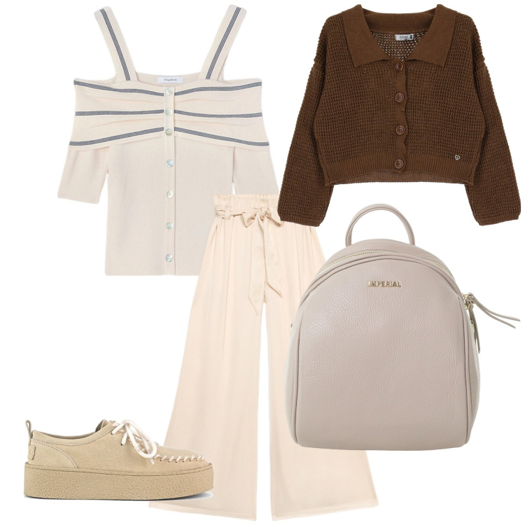 Outfit donna - Al parco. per Tutti i giorni. Abbinamento con cardigans, zaini, mocassini, top, pantaloni a palazzo.