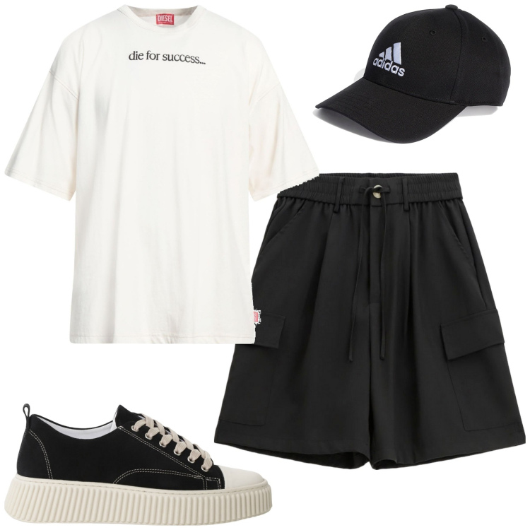 Outfit uomo - Maggio. Stile Casual per Tutti i giorni. Abbinamento con t-shirt, sneakers, bermuda, cappelli con visiera.