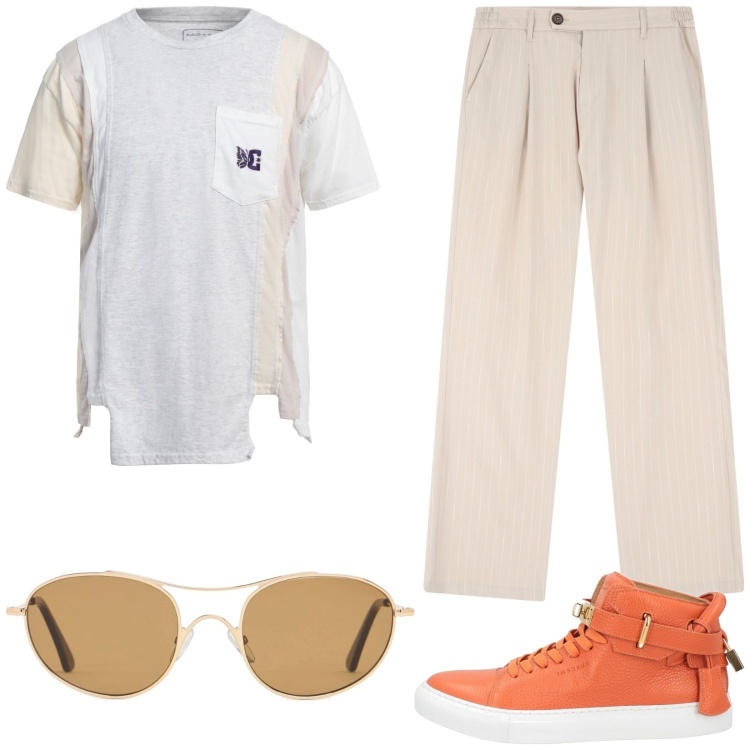 Outfit uomo - Stile e comodità. Stile Casual Abbinamento con t-shirt, sneakers alte, pantaloni, occhiali da sole.