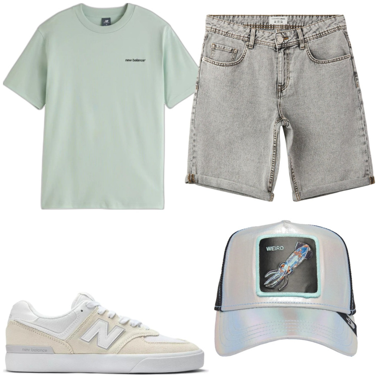 Outfit uomo - Scampagnata. Stile Casual per Tutti i giorni. Abbinamento con bermuda, t-shirt, sneakers, cappelli.