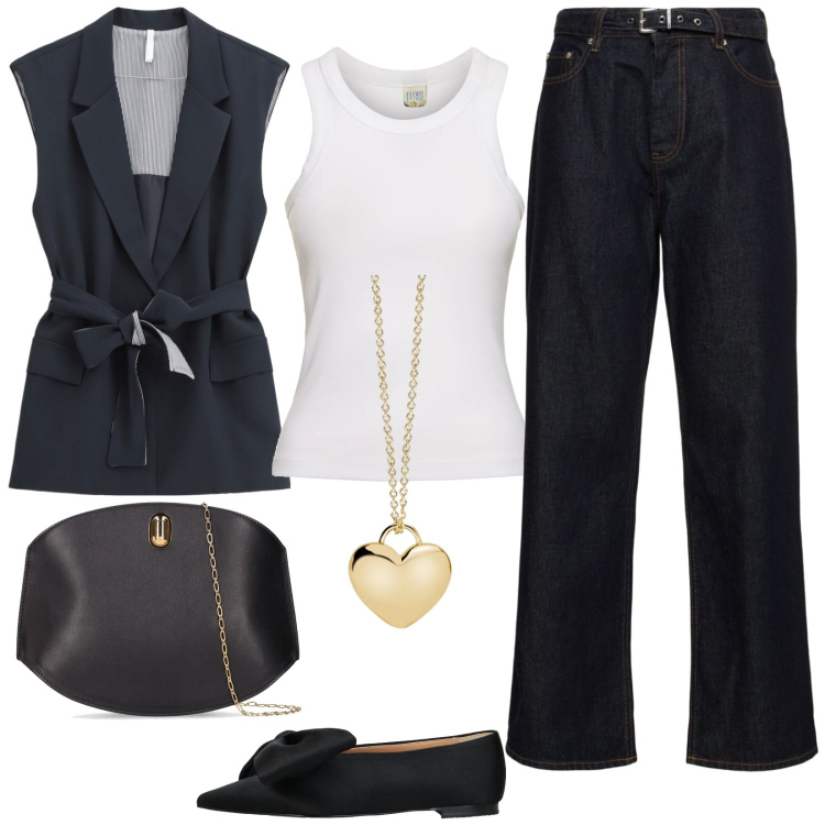 Outfit donna - Total look #2124639. Stile Casual chic per Tutti i giorni. Abbinamento con ballerine, collane, gilet, canottiere, jeans dritti, borse a spalla.