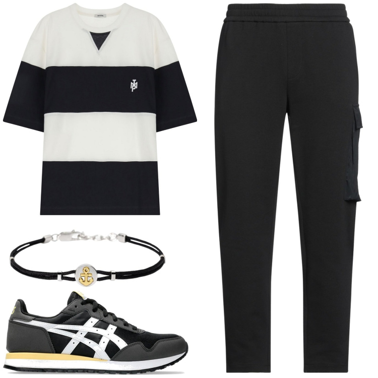 Outfit uomo - Total look #2124648. Stile Casual per Tutti i giorni. Abbinamento con pantaloni cargo, braccialetti, t-shirt, sneakers.