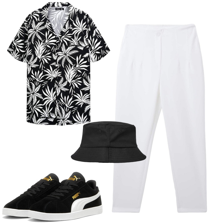 Outfit uomo - Weekend. Stile Casual per Tutti i giorni. Abbinamento con pantaloni chino, cappelli, camicie a manica corta, sneakers.