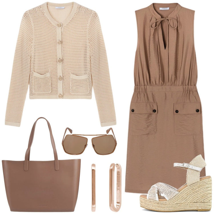 Outfit donna - Tempo libero. Stile Casual chic per Tutti i giorni. Abbinamento con borse a spalla, orecchini, zeppe, occhiali da sole, cardigans, vestiti corti.