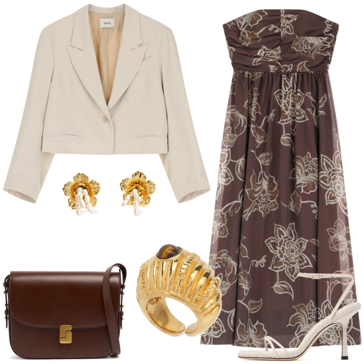Outfit donna - Cerimonia. Stile Chic per Cerimonia. Abbinamento con vestiti senza maniche, blazer, anelli, sandali in pelle, orecchini, borse a spalla.
