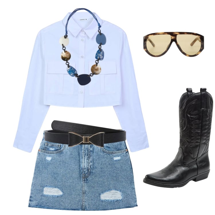 Outfit donna - La minigonna. Stile Vintage retrò per Tutti i giorni. Abbinamento con camicie, minigonne, stivali, cinture, occhiali da sole, collane.
