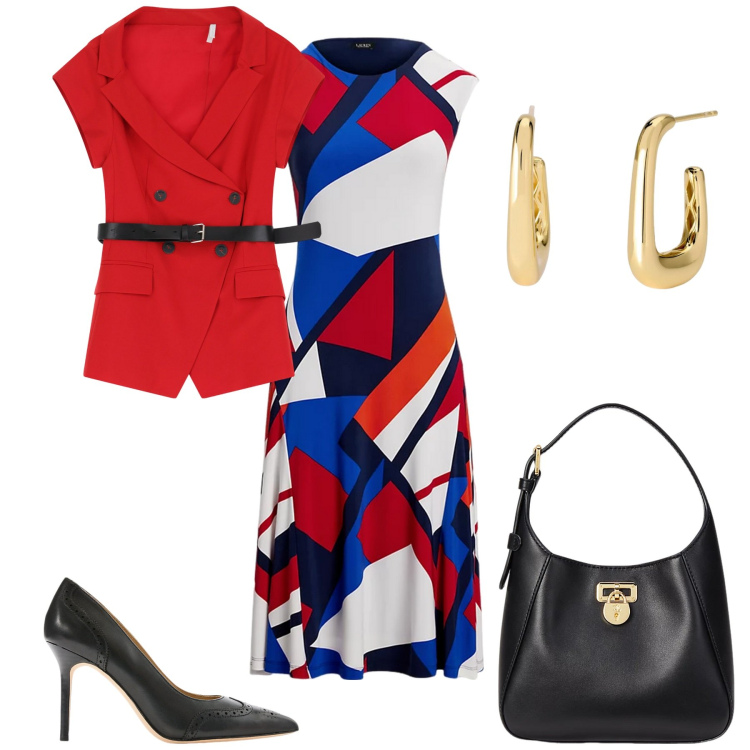 Outfit donna - Figure geometriche. Stile Casual chic per Tutti i giorni. Abbinamento con orecchini, blazer, borse a tracolla, vestiti, décolleté.