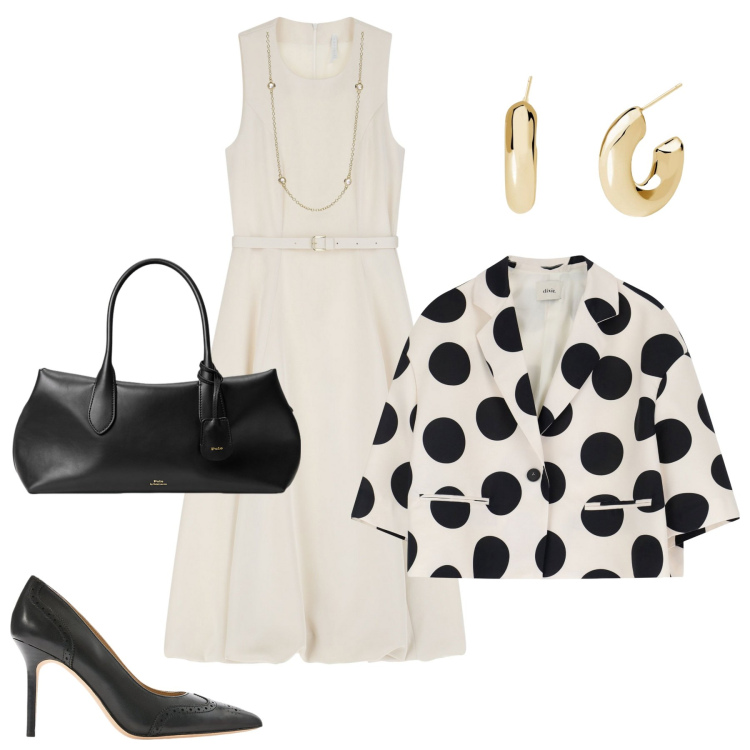 Outfit donna - Abito midi con giacca bicolore. Stile Casual chic per Tutti i giorni. Abbinamento con collane, orecchini, vestiti midi/longuette, blazer, borse a mano, décolleté.