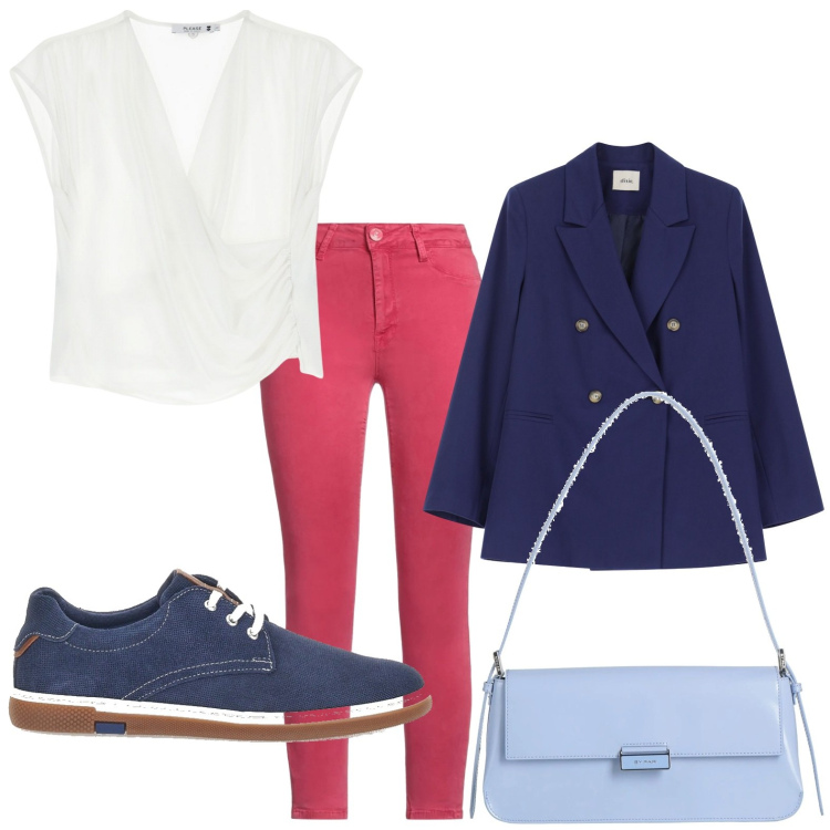 Outfit donna - Blazer blu notte. Stile Casual chic per Ufficio. Abbinamento con borse a spalla, pantaloni, maglieria, blazer, scarpe stringate.