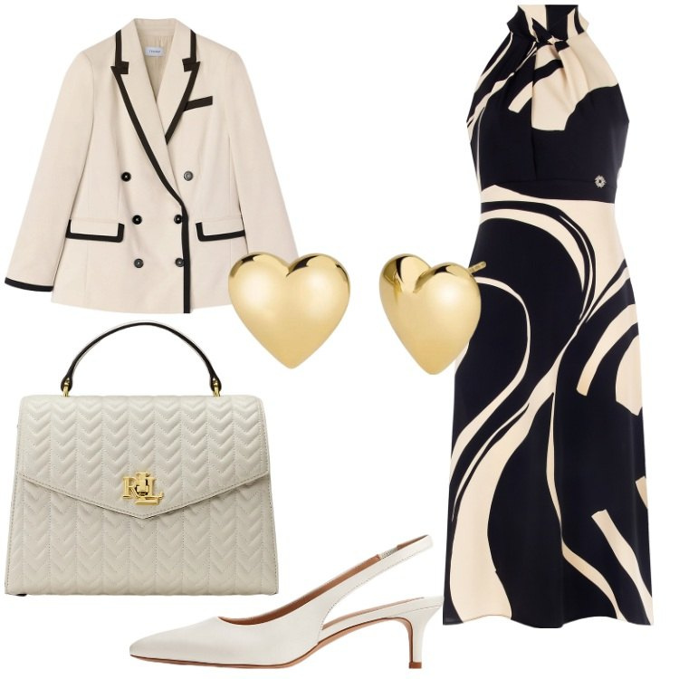 Outfit donna - Speciale Abito Midi. Stile Bon Ton per Serata fuori. Abbinamento con orecchini, décolleté, borse a mano, vestiti midi/longuette, blazer.