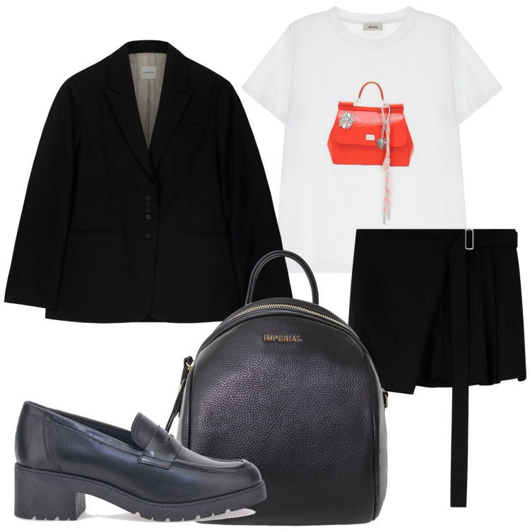 Outfit donna - Borsa t-shirt. Stile Preppy per Scuola/Università. Abbinamento con t-shirt, minigonne, zaini, mocassini, blazer.