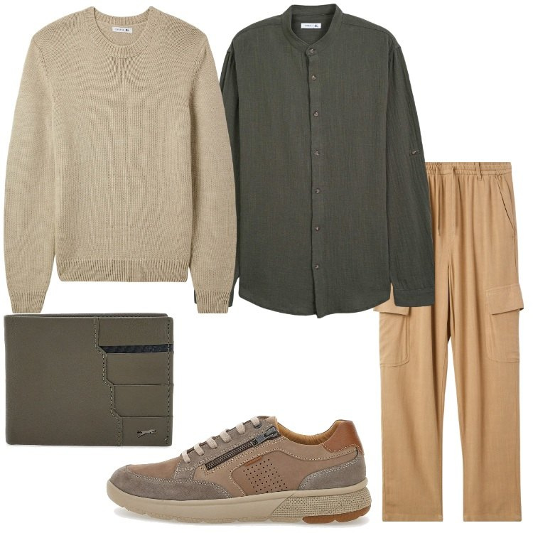 Outfit uomo - Safari urbano. Stile Trendy per Serata speciale. Abbinamento con pantaloni cargo, camicie, maglieria, portafogli, scarpe stringate.