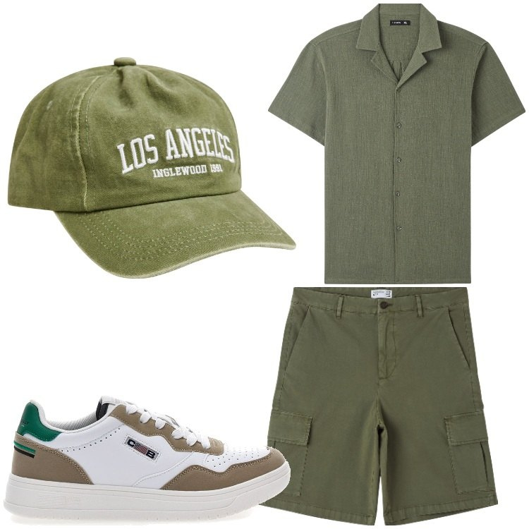 Outfit uomo - Sempre verde. Stile Casual per Tutti i giorni. Abbinamento con camicie a manica corta, bermuda, cappelli, sneakers.