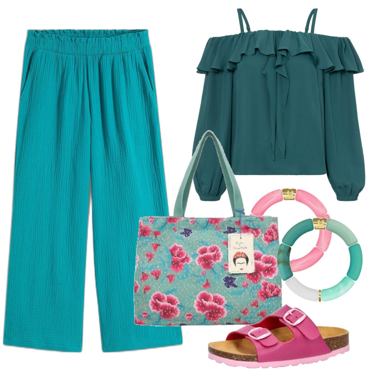 Outfit femme - En Mai, fait ce qu’il te plaît. Style Casual pour Tous les jours. Assortir avec jupe-culotte, tuniques, bracelets, sandales, bracelets, sac cabas.