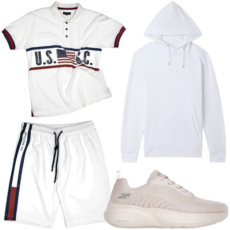 Outfit uomo - Golf club. Stile Casual per Sport. Abbinamento con felpe con cappuccio, polo, sneakers, pantaloni corti.