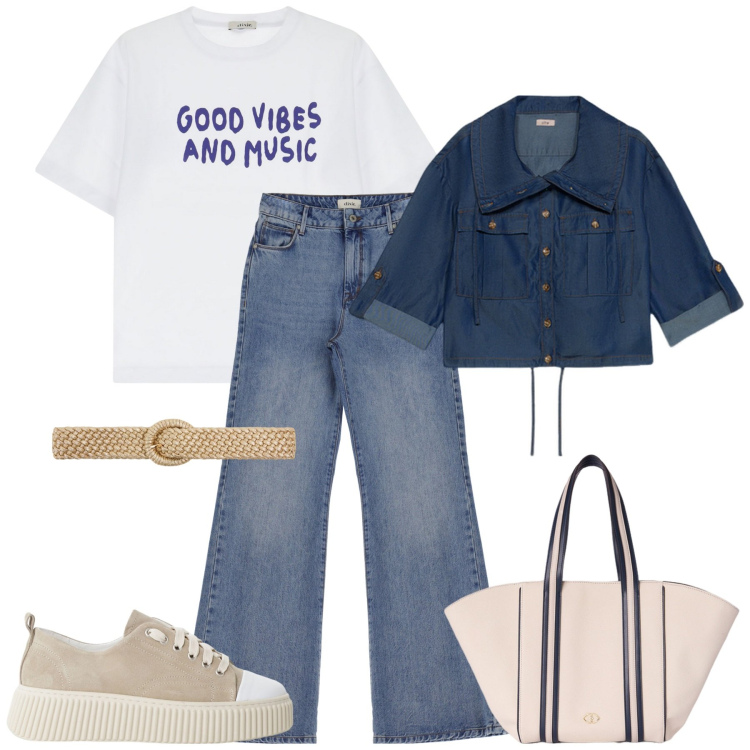 Outfit donna - Denim time. Stile Casual per Tutti i giorni. Abbinamento con cinture, sneakers, jeans, t-shirt, shopping bag, blazer.