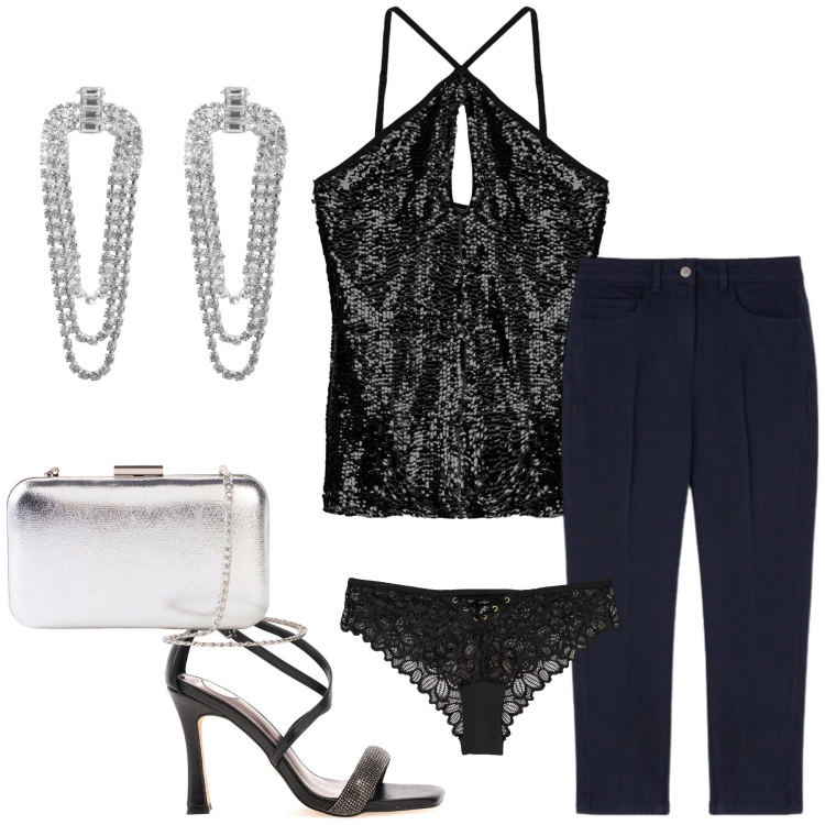 Outfit donna - Total look. Stile Glamour per Serata fuori. Abbinamento con culotte, pochette, orecchini, top, sandali col tacco, pantaloni.