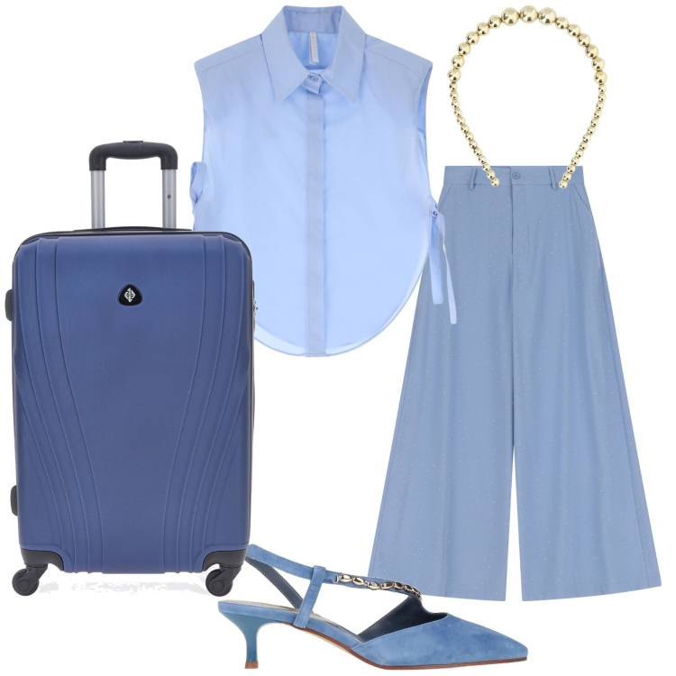 Outfit donna - Viaggio bon ton. Stile Bon Ton per Tutti i giorni. Abbinamento con décolleté, pantaloni, camicie, cerchietti, valigie.