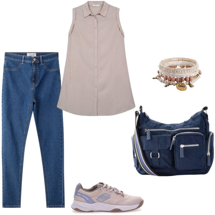 Outfit donna - Gli jeggins. Stile Casual per Tutti i giorni. Abbinamento con braccialetti, borse a tracolla, jeggings, camicie, sneakers.