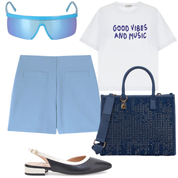 Outfit donna - Appuntamento per passeggiare. Stile Casual chic per Tutti i giorni. Abbinamento con t-shirt, ballerine, occhiali da sole, shorts, borse a mano.