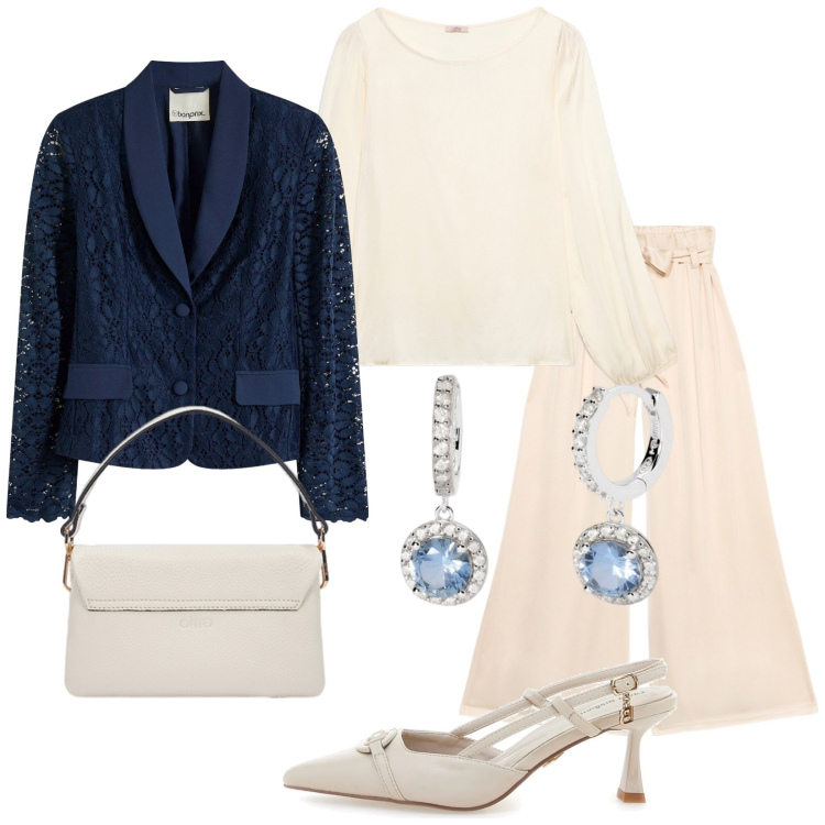 Outfit donna - La prima comunione di Luca. Stile Vintage retrò per Cerimonia. Abbinamento con blazer, orecchini, décolleté, pantaloni a palazzo, bluse, borse a tracolla.