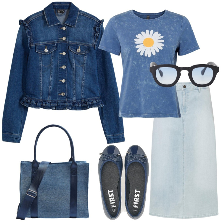 Outfit donna - Daisy. Stile Casual per Tutti i giorni. Abbinamento con t-shirt, blazer, gonne longuette, shopping bag, occhiali da sole, ballerine.