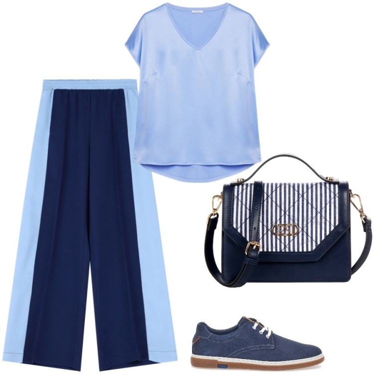 Outfit donna - Aperitivo estivo. Stile Casual chic per Tutti i giorni. Abbinamento con borse a mano, pantaloni, scarpe stringate, t-shirt.
