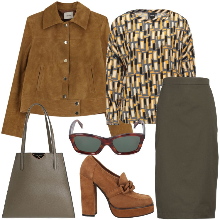 Outfit donna - Geometrie. Stile Chic per Tutti i giorni. Abbinamento con top, borse a mano, gonne longuette, mocassini, giacche, occhiali da sole.