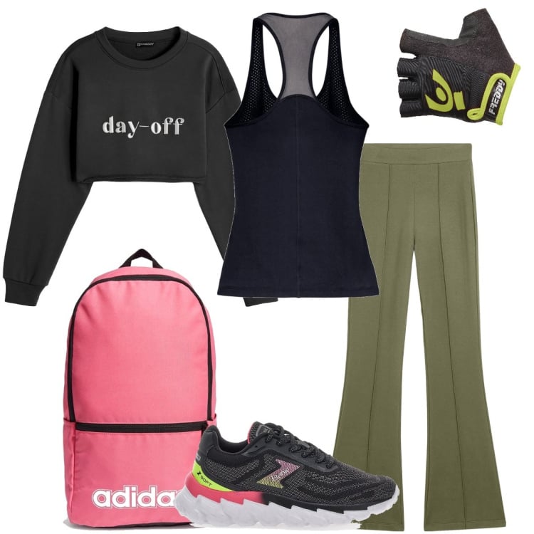 Outfit donna - In palestra. Stile Sporty chic per Sport. Abbinamento con pantaloni, felpe, guanti, sneakers, canottiere, zaini.