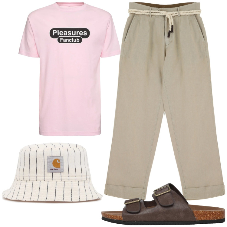 Outfit uomo - Total look #2124768. Stile Trendy per Tutti i giorni. Abbinamento con sandali, pantaloni chino, t-shirt, cappelli.