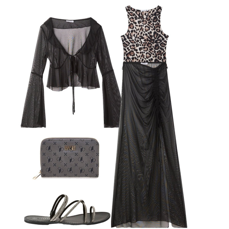 Outfit donna - Trasparenze e leopardato. Stile Sexy per Serata fuori. Abbinamento con gonne lunghe, bolero, body, sandali, portafogli.