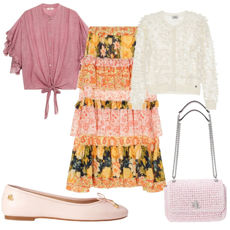 Outfit donna - Tonalità di rosa a maggio : boho. Stile Boho per Tutti i giorni. Abbinamento con cardigans, gonne lunghe, ballerine, borse a spalla, camicie a manica corta.