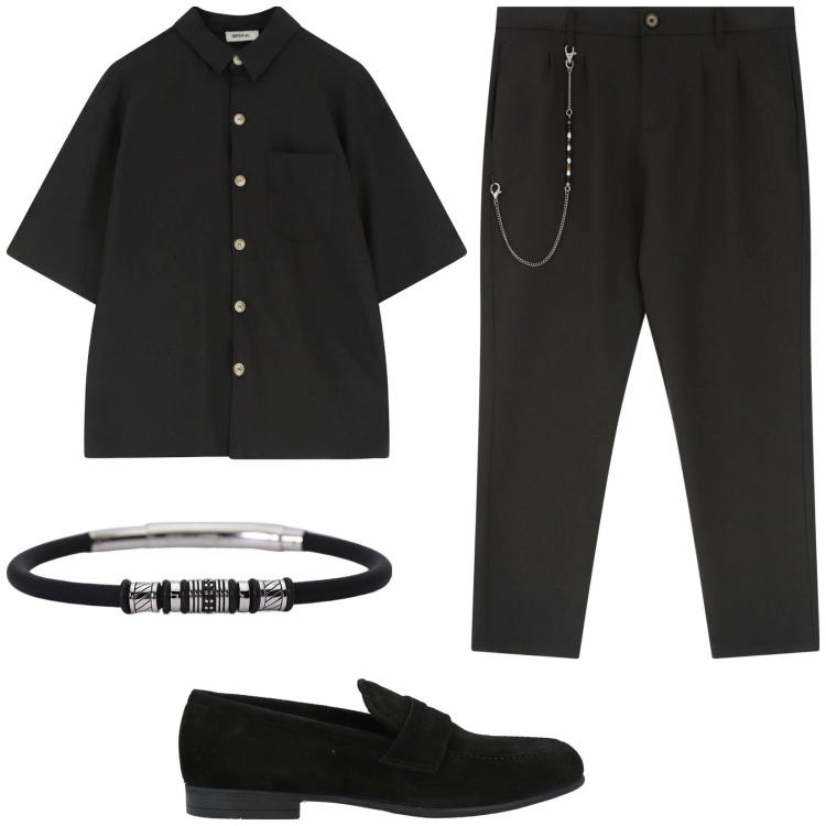 Outfit uomo - Total black. Stile Trendy per Serata speciale. Abbinamento con scarpe stringate, braccialetti, camicie a manica corta, pantaloni.