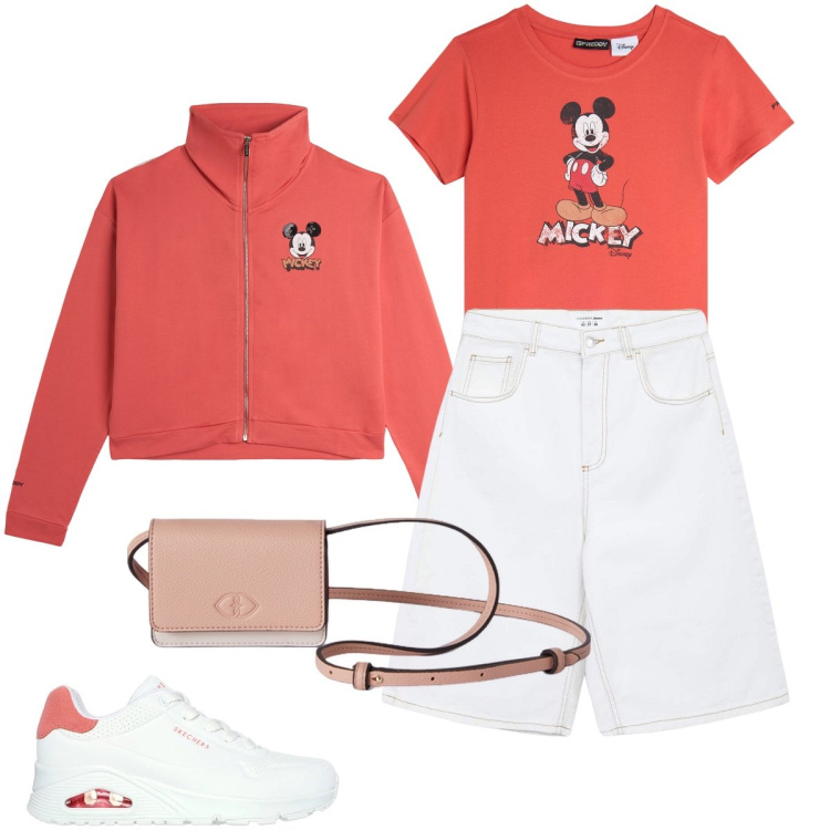 Outfit donna - Il completo con Mickey. Stile Sporty chic per Tutti i giorni. Abbinamento con bermuda, felpe, t-shirt, sneakers, portafogli.