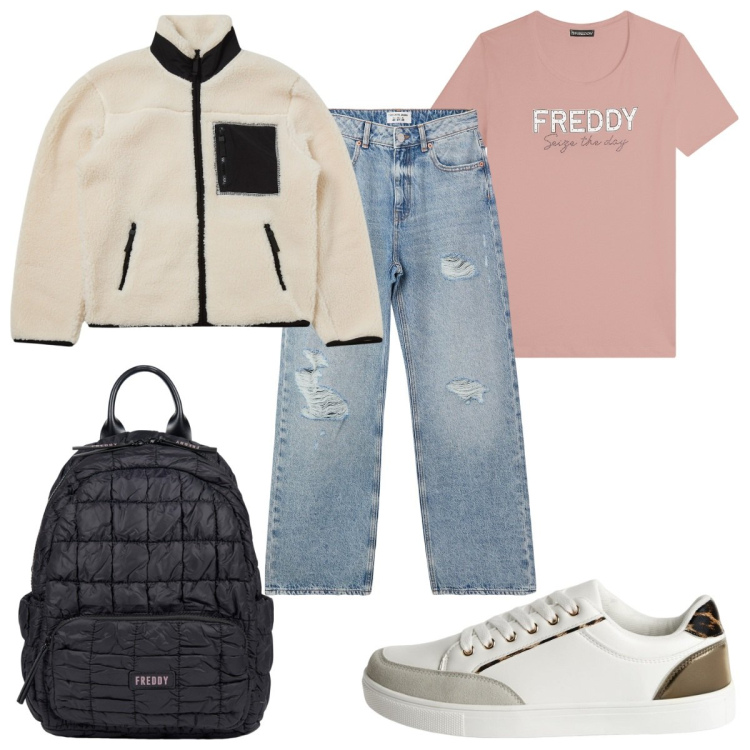 Outfit donna - Una t -shirt per amica : a scuola. Stile Casual per Scuola/Università. Abbinamento con sneakers, jeans strappati, felpe, zaini, t-shirt.