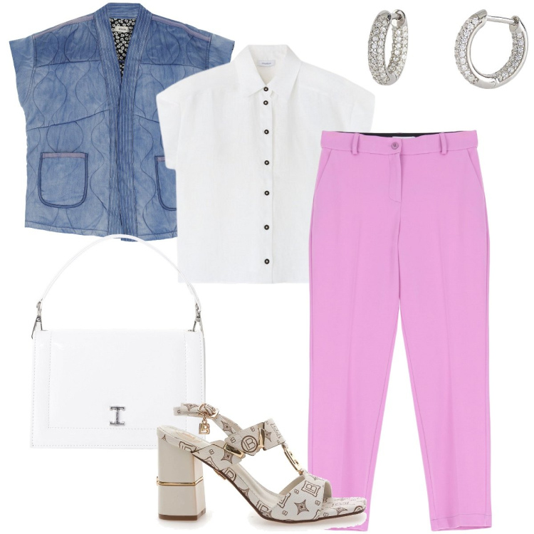 Outfit donna - Il pantalone rosa bubble. Stile Bon Ton per Ufficio. Abbinamento con orecchini, pantaloni, borse a tracolla, camicie, sandali col tacco, camicie a manica corta.