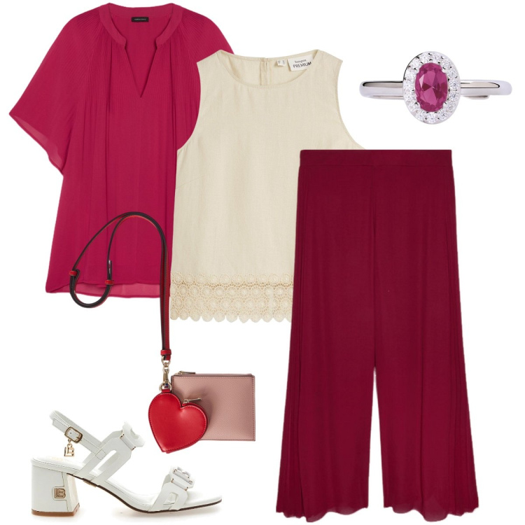 Outfit donna - Comoda ed elegante. Stile Bon Ton per Cerimonia. Abbinamento con top, anelli, bluse, pantaloni a palazzo, sandali col tacco, portafogli.
