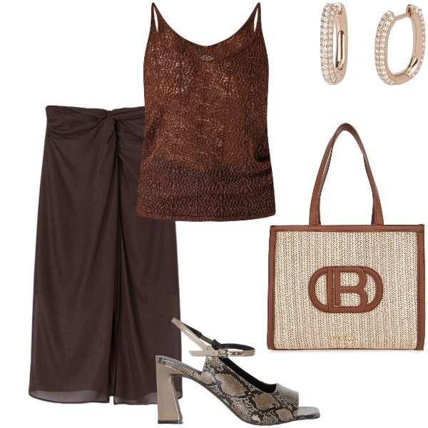 Outfit donna - La gonna pareo. Stile Casual chic per Serata fuori. Abbinamento con top, orecchini, borse a spalla, gonne, sandali col tacco.