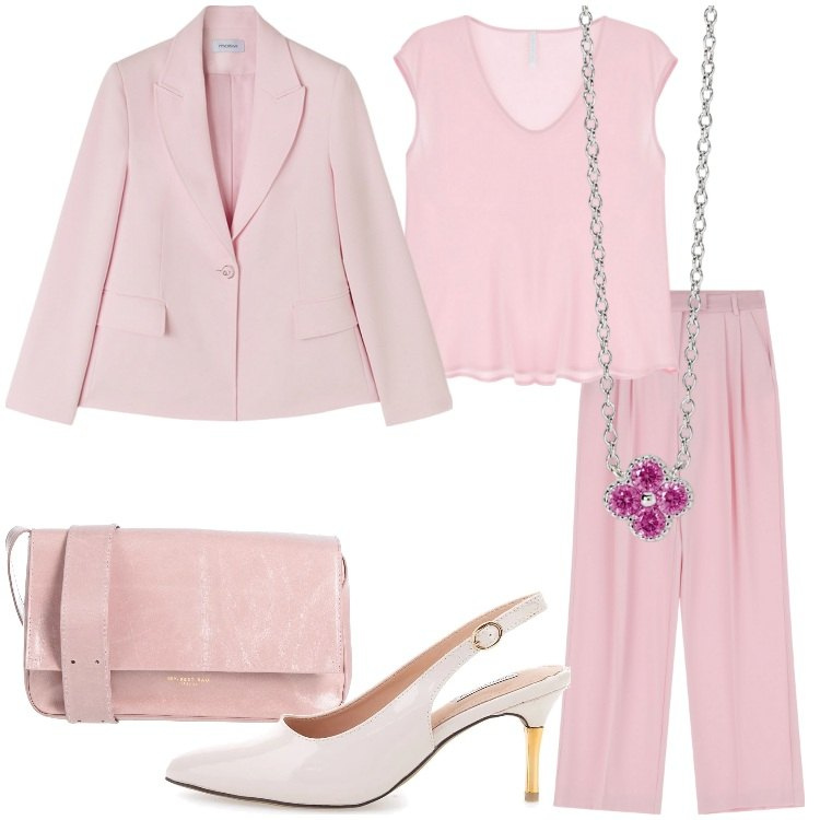 Outfit donna - Tinte pastello: delicatezza in rosa. Stile Chic per Cerimonia. Abbinamento con borse a tracolla, collane, pantaloni, top, décolleté, blazer.