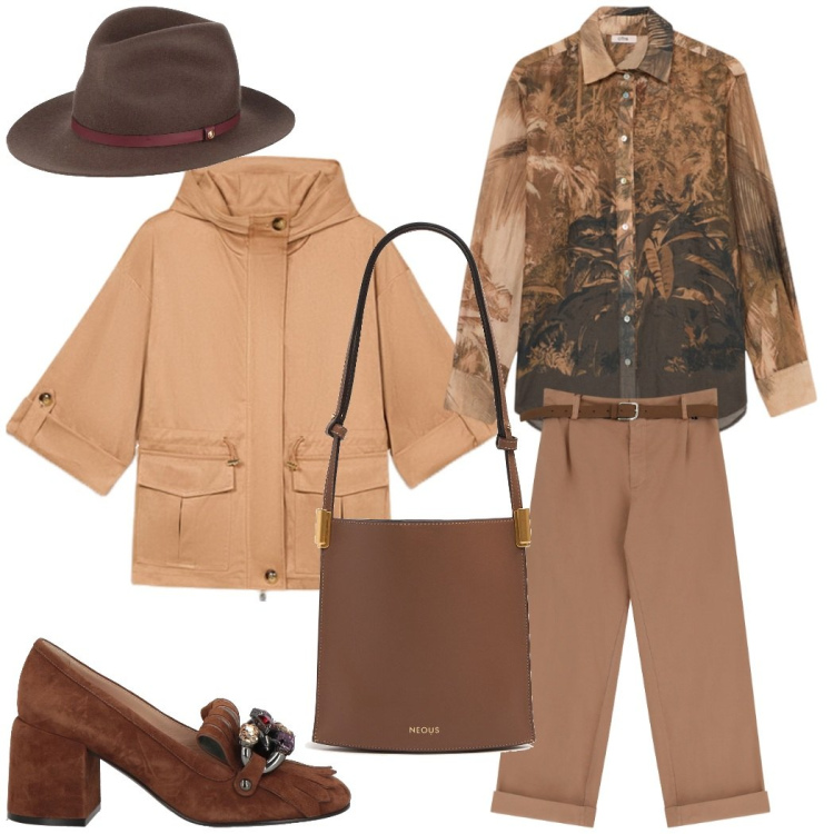 Outfit donna - Outfit giorno. Stile Casual chic per Tutti i giorni. Abbinamento con cappelli, mocassini, pantaloni chino, parka, camicie, borse a spalla.