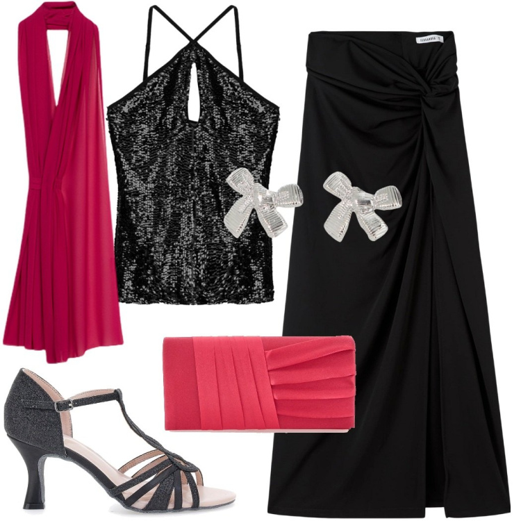 Outfit donna - Serata evento. Stile Glamour per Serata fuori. Abbinamento con gonne lunghe, top, orecchini, décolleté, pochette, stole.