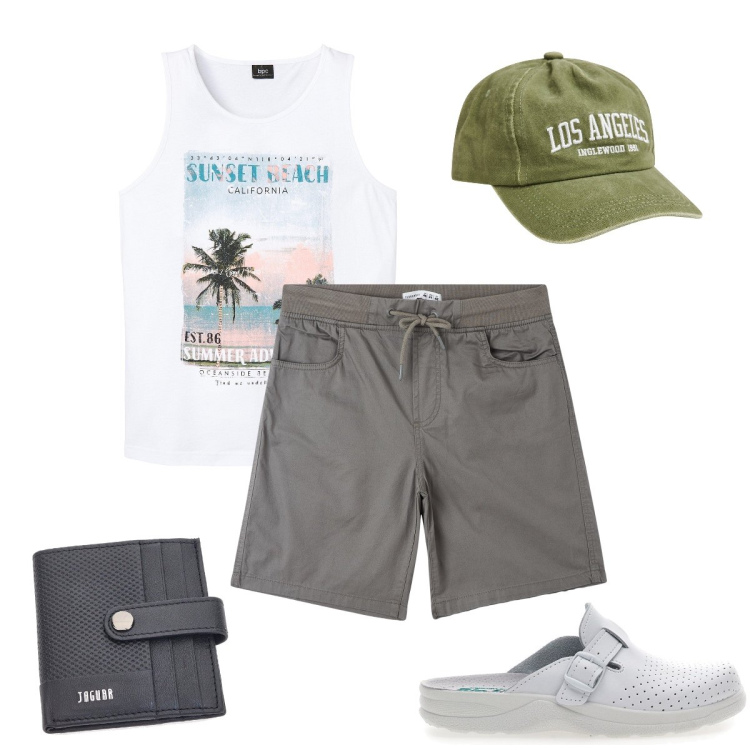Outfit uomo - Al mare. Stile Casual per Mare. Abbinamento con canottiere, shorts, cappelli, portafogli, sandali.