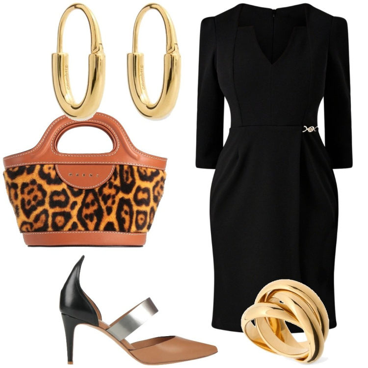 Outfit donna - Cena fuori. Stile Chic per Serata fuori. Abbinamento con décolleté, borse a mano, vestiti a tubino, anelli, orecchini.