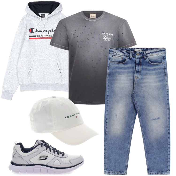Outfit uomo - I jeans sbiaditi. Stile Urban per Tutti i giorni. Abbinamento con jeans, felpe con cappuccio, sneakers, t-shirt, cappelli.