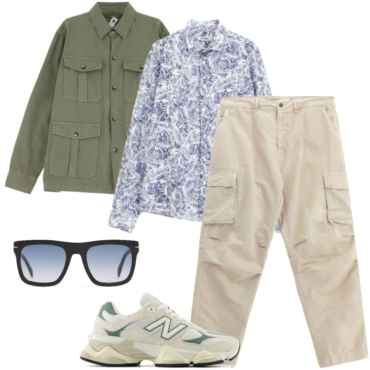 Outfit uomo - La camicia floreale. Stile Urban per Ufficio. Abbinamento con sneakers, camicie, cappotti, pantaloni cargo, occhiali da sole.