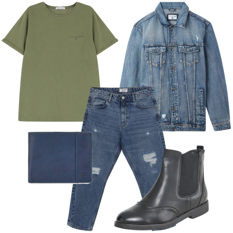 Outfit uomo - T-shirt full time. Stile Casual per Tutti i giorni. Abbinamento con stivali e stivaletti, jeans strappati, giacche, t-shirt, portafogli.