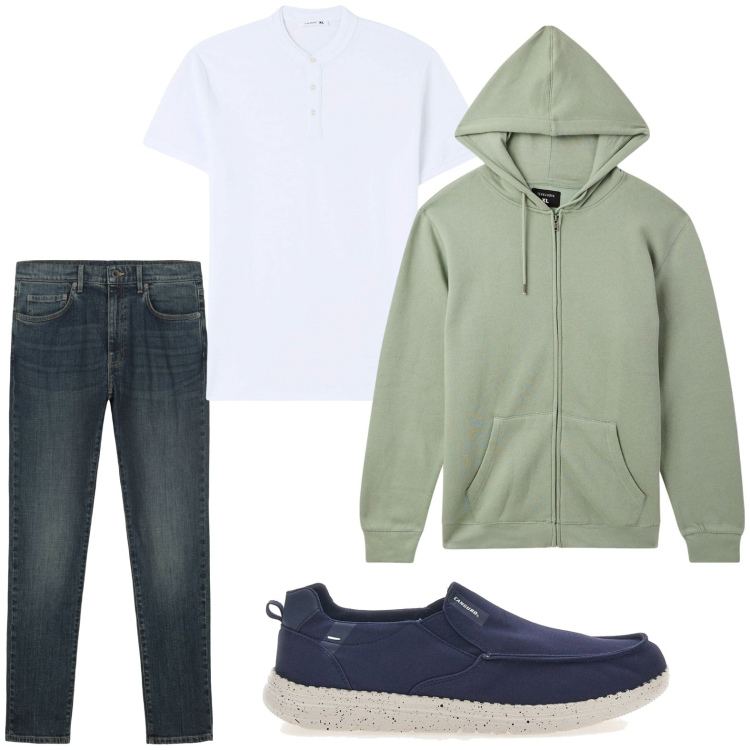 Outfit uomo - Soluzione felpa. Stile Casual per Tutti i giorni. Abbinamento con t-shirt, felpe con cappuccio, scarpe stringate, jeans.
