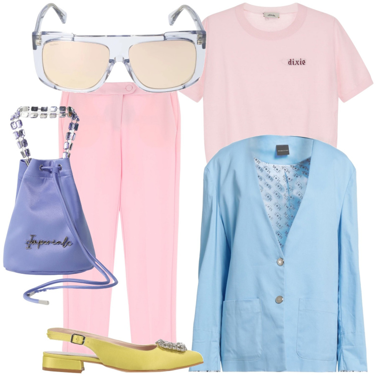 Outfit donna - Pastelli di primavera. Stile Trendy per Tutti i giorni. Abbinamento con ballerine, blazer, pantaloni, borse a secchiello, maglieria, occhiali da sole.